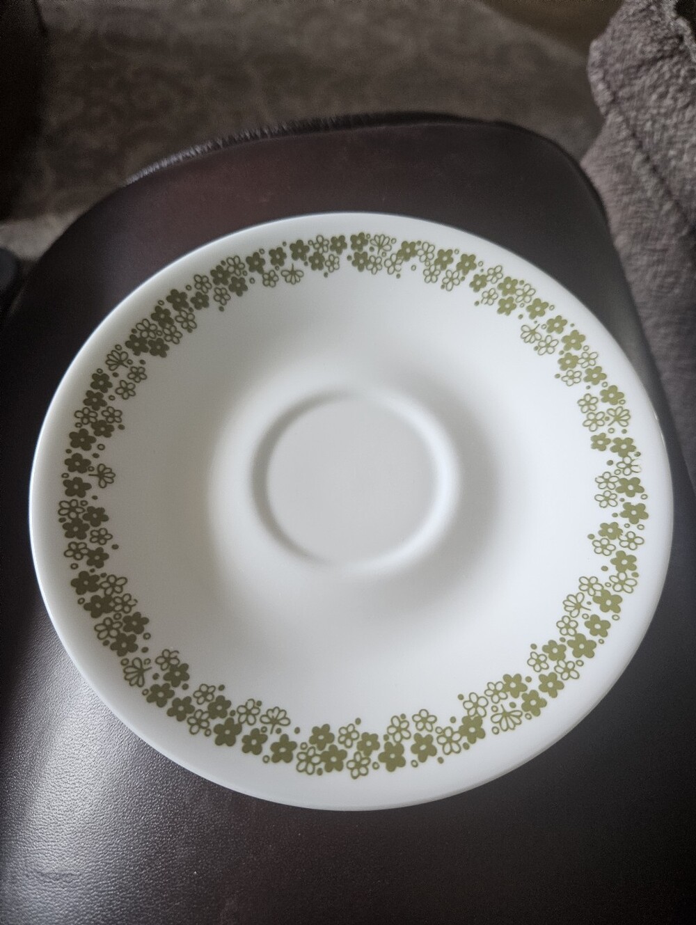 2 Corelle White Saucers with Olive Floral Band